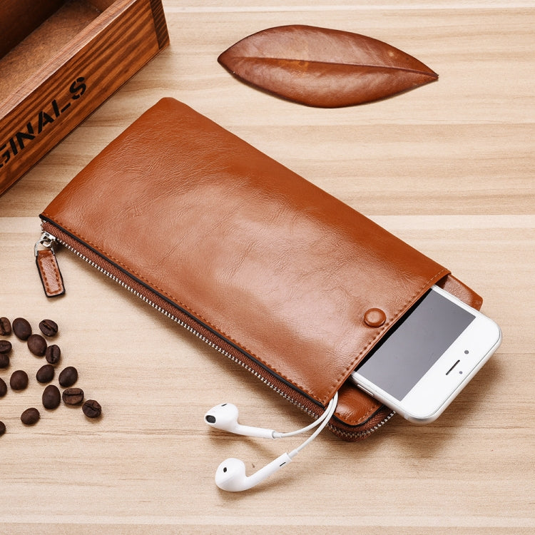 Men Long Wallet Soft Leather Zipper Mini Phone Bag Clutch Bag(Brown) by bashfashion