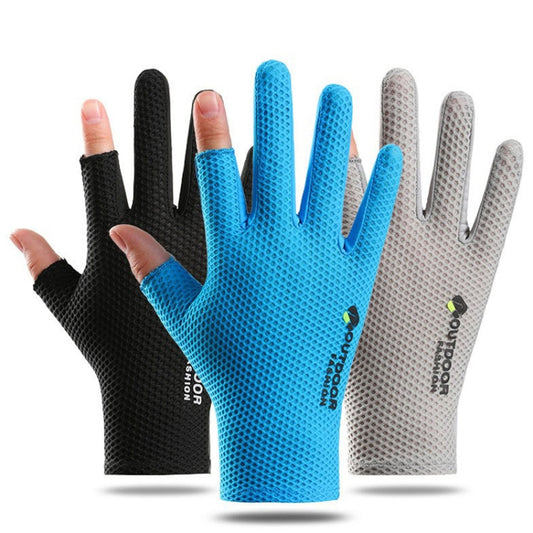 Cycling Thin Sunscreen UV Protection Mesh Breathable Ice Silk Two-finger Gloves(Black) by bashfashion