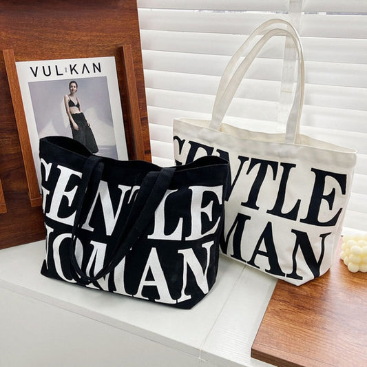 Women Printed Letter Canvas Bag Single Shoulder Tote Bag(Black) by bashfashion