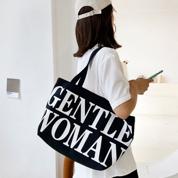 Women Printed Letter Canvas Bag Single Shoulder Tote Bag(Black) by bashfashion