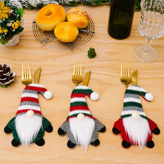 Christmas Table Decoration Cartoon Knitted Striped Knife and Fork Cover(Green) by bashfashion