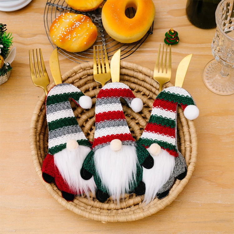 Christmas Table Decoration Cartoon Knitted Striped Knife and Fork Cover(Red) by bashfashion