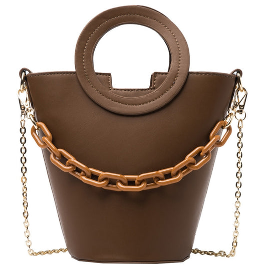 Women Casual Bucket Handbag Round Chain Shoulder Crossbody Bag(Brown) by bashfashion