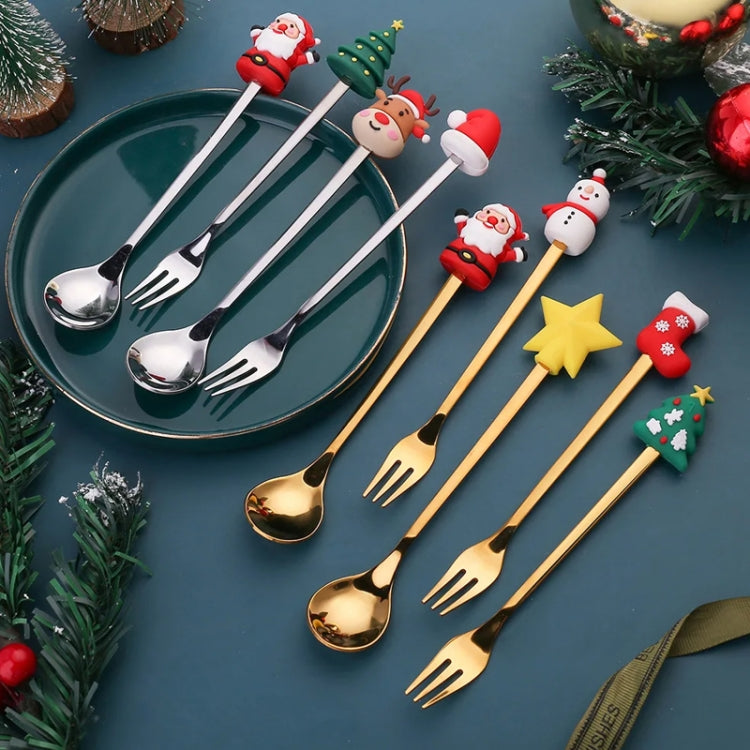 2pcs /Pack Christmas Dessert Fork And Spoon Set Portable Cute Cartoon Tableware, Style: Christmas Socks Silver by bashfashion