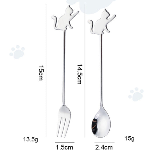 304 Stainless Steel Cartoon Pet Stirring Spoon Fork Fruit Fork Dessert Scoop, Style: Beckon Cat Spoon (Silver) by bashfashion