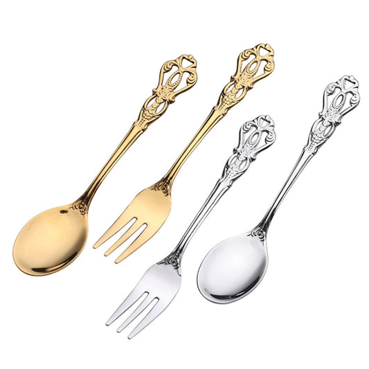 2pcs /Pack Retro Openwork Carved Dessert Spoon Fork Set Engraved Cutlery Gift Box, Style: Pink Box (Silver) by bashfashion