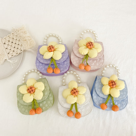 Children Cartoon Flower Pearl Handbag Princess Crossbody Bag Coin Purse(Green) by bashfashion