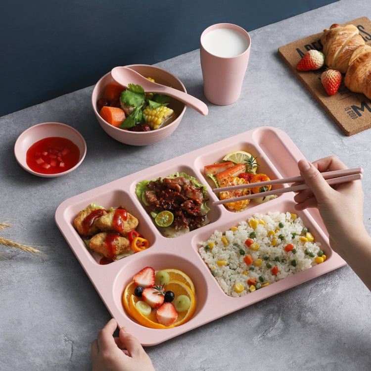 4pcs /Set Wheat Straw Split Dining Plate With Bowl Chopsticks Spoon Tableware Set(Pink) by bashfashion