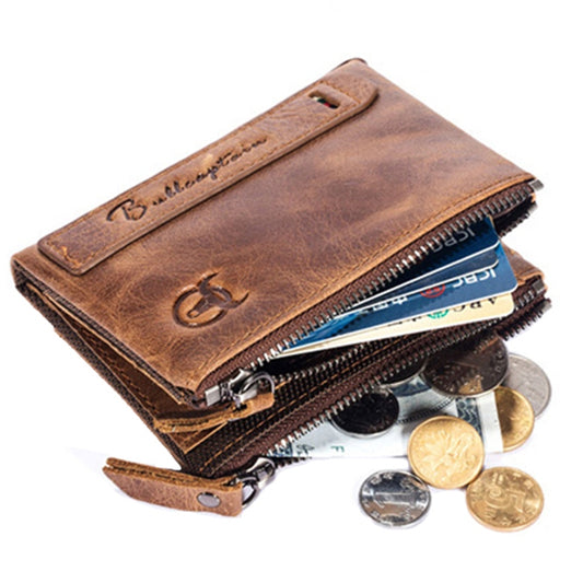 BULL CAPTAIN QB06 Retro First-layer Cowhide Anti-theft Zipper Wallet Short Drive License Coin Clip(Brown) by BULL CAPTAIN