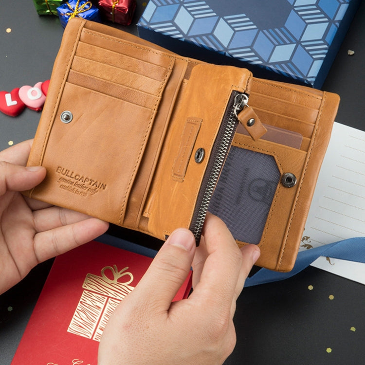 BULL CAPTAIN 03 Large-capacity Folding Multi-card Slot Cowhide Zipper Wallet Coin Clip(Yellow Brown) by BULL CAPTAIN