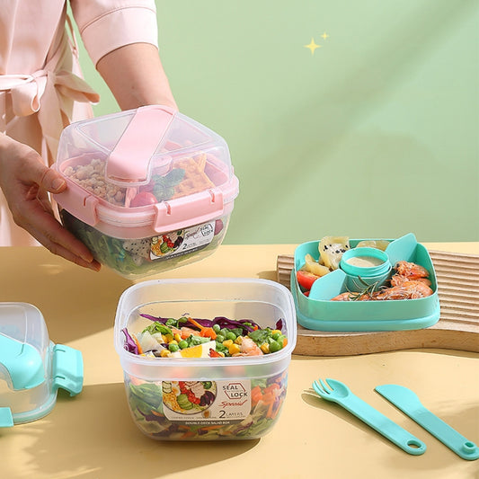 Microwaveable Double Layer Salad Container Picnic Lunch Box with Fork Spoon, Spec: White/Small by bashfashion