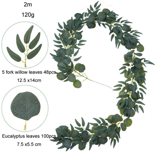 Artificial Greenery Eucalyptus Leaf Vine Simulation Rattan Home Decoration, Style: 2m Eucalyptus +5 Leaves Willow Gray White by bashfashion
