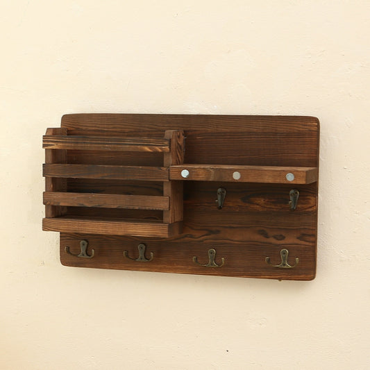 Solid Wood Wall-Mounted Retro Storage Rack Shelf Entryway Mail And Key Holder 39x23x7.8cm by bashfashion