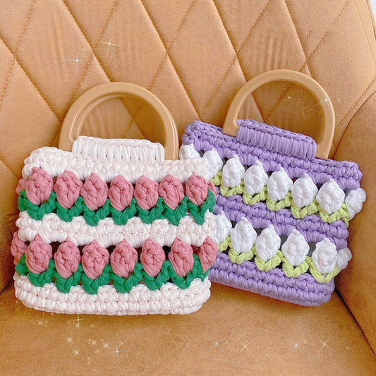 Homemade Tulip Hand Knitting Bag Cloth Strip Line DIY Material Kit With Pearl Shoulder Strap(Beige x Fruit Green x Purple) by bashfashion