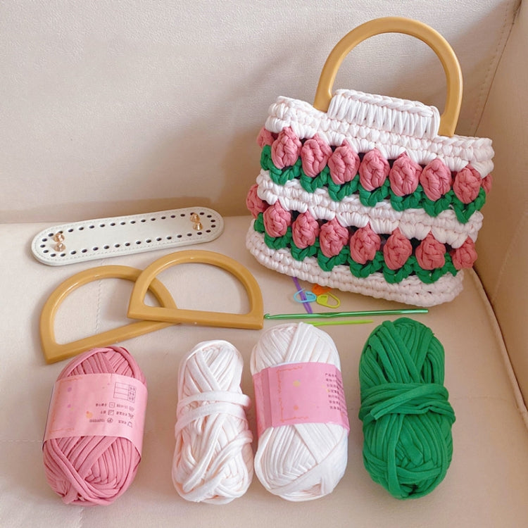 Homemade Tulip Hand Knitting Bag Cloth Strip Line DIY Material Kit With Pearl Shoulder Strap(Beige x Fruit Green x Light Pink) by bashfashion