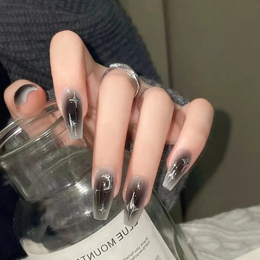24pcs /Box Press On Nails Dark Star and Moon Series False Nails Mid-Length Ballet Nails(R722) by bashfashion