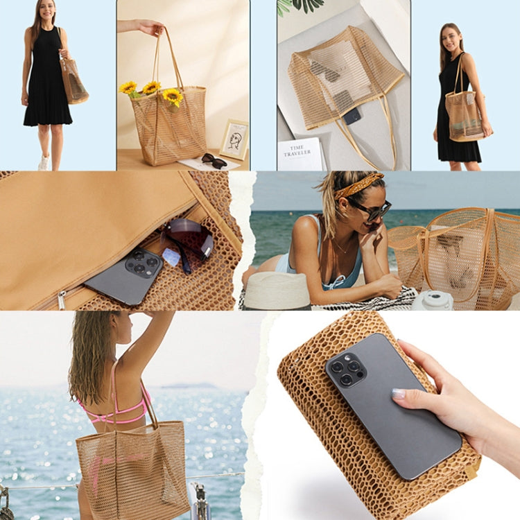 Folding Beach Bag Mesh Tote Handbag Women Shoulder Bag(Khaki) by bashfashion