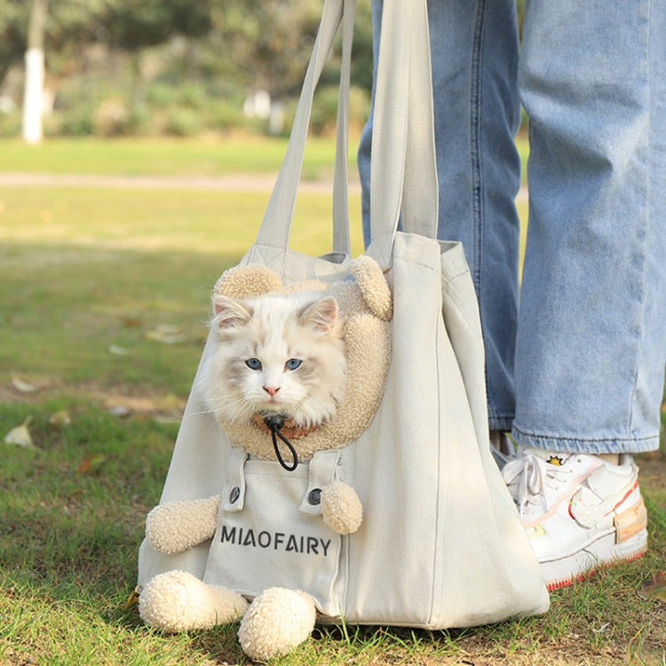 Portable Outing Cat Bag Exposed Shoulder Canvas Bag Small Dog Pet Bag(Bear Khaki) by bashfashion