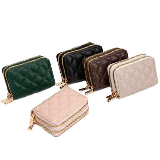 Large Capacity Double Layer Zipper Wallet Multi-card Slot Rhombus Card Holder(Pink) by bashfashion