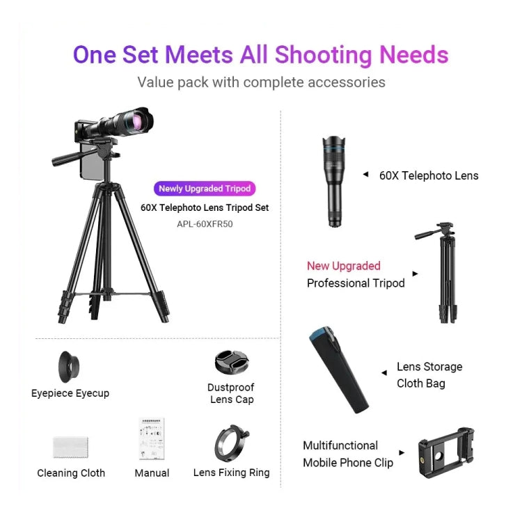 APEXEL 60X Smartphone Telescope Lens With Extendable Tripod Set by APEXEL