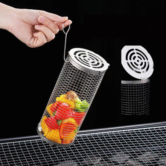 Upgrade Flip-Top Lid BBQ Cage Stainless Steel Rolling Grilling Basket, Spec: Large by bashfashion