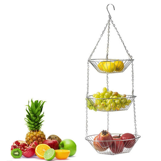 3-tier Hanging Fruit Basket Wrought Iron Fruit Vegetable Storage Organizer(Silver) by bashfashion