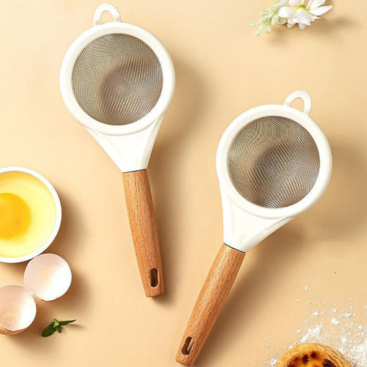 Household Stainless Steel Flour Sifter Kitchen Baking Strainer, Style: Wooden Handle by bashfashion