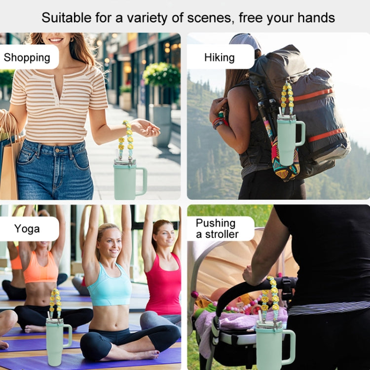 For 16-40oz Stanley Mug Lanyard Silicone Loop Boho Daisy Cute Flower Hand-Woven Mug Cover(Black) by bashfashion