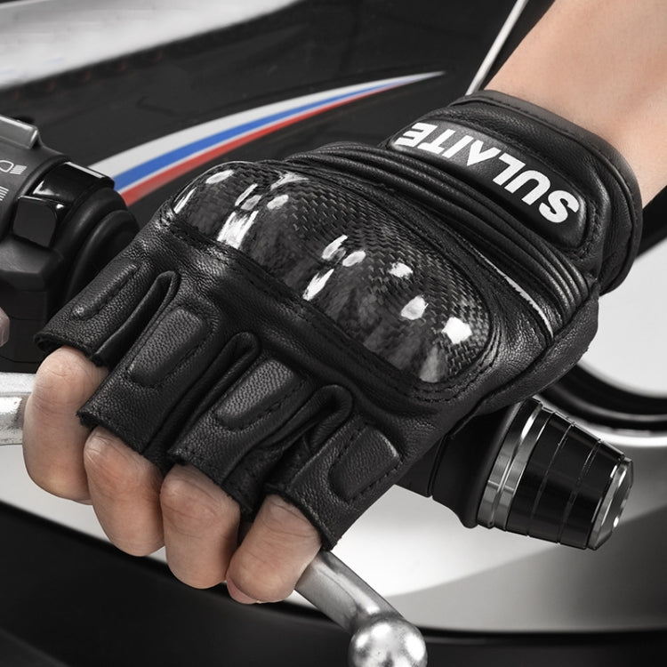 SULAITE Motorcycle Sheepskin Carbon Fiber Breathable Half-finger Riding Gloves, Size: XXL(Black) by SULAITE