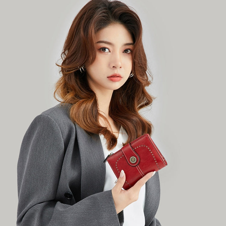 RFID Anti-theft Brush Women Wallet Multi Card Position Buckle Wallet Short Zipper Purse(Wine Red) by bashfashion