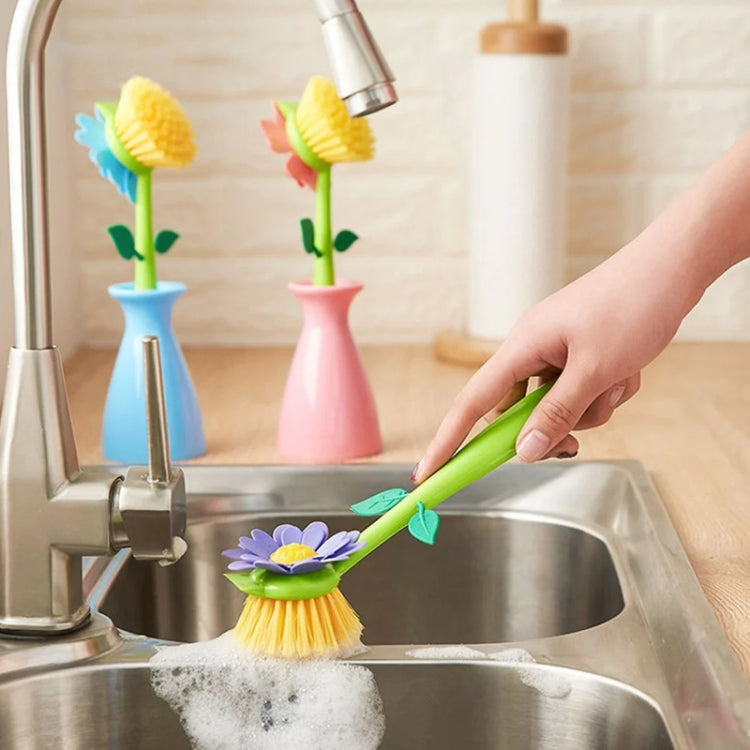 Flower Shaped Long Handle Pot Brush Kitchen Dishes Brush Sink Stove Cleaning Tool(Green) by bashfashion