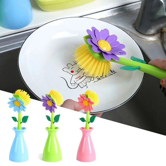 Flower Shaped Long Handle Pot Brush Kitchen Dishes Brush Sink Stove Cleaning Tool(Green) by bashfashion