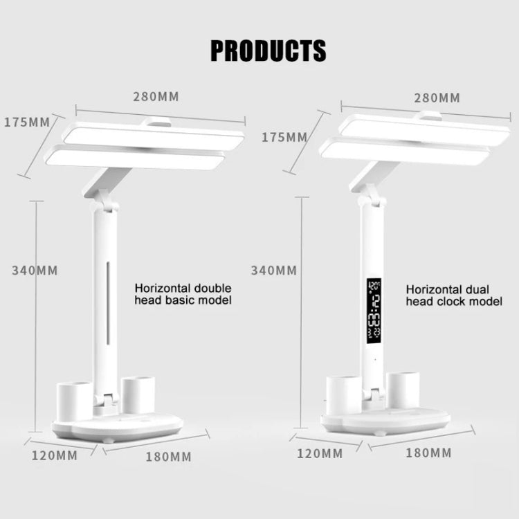 Double Head Horizontal Desk Lamp 3 Light Color Reading Lamp, Spec: Charging Fan Clock Model by bashfashion