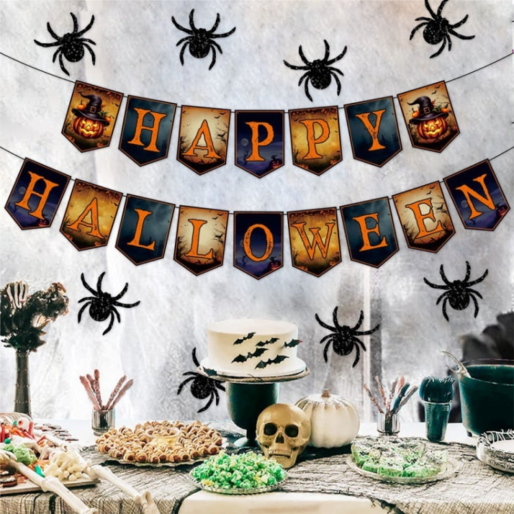 Halloween Decoration Wall Stickers Hanging Pendant Party Horror Banner Decoration, Style: 12pcs Spider Cards + Dots Glue by bashfashion