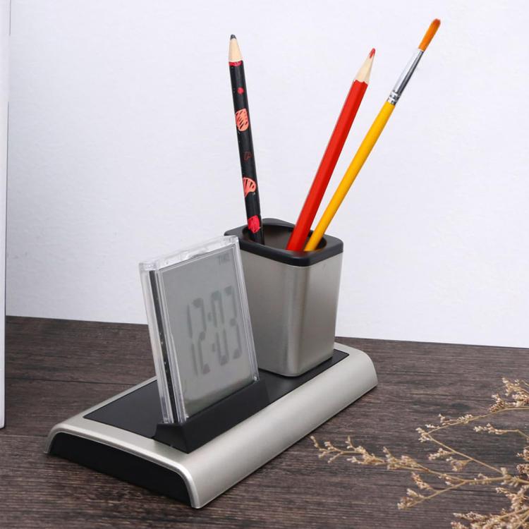 288A Multifunctional Colorful Calendar / Temperature Display LED Alarm Clock With Pen Holder(Silver) by bashfashion