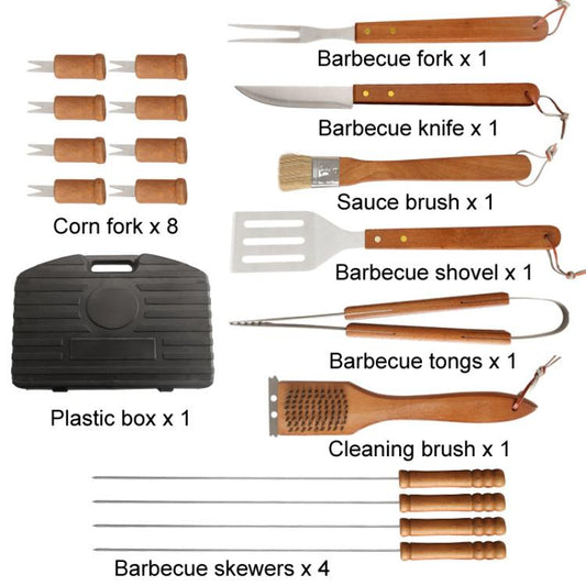 19pcs /Set Outdoor Stainless Steel Wooden Handle Barbecue Tool Box by bashfashion