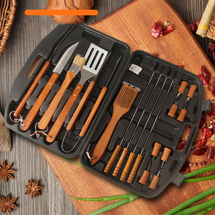19pcs /Set Outdoor Stainless Steel Wooden Handle Barbecue Tool Box by bashfashion