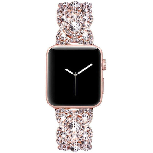 Petaled Metal Diamond Wristband Strap For Apple Watch Series 9 / 8 / 7 / 6 / SE / 5 / 4 / 3, Color: 1215 Rose Gold(38/40/41mm) by bashfashion
