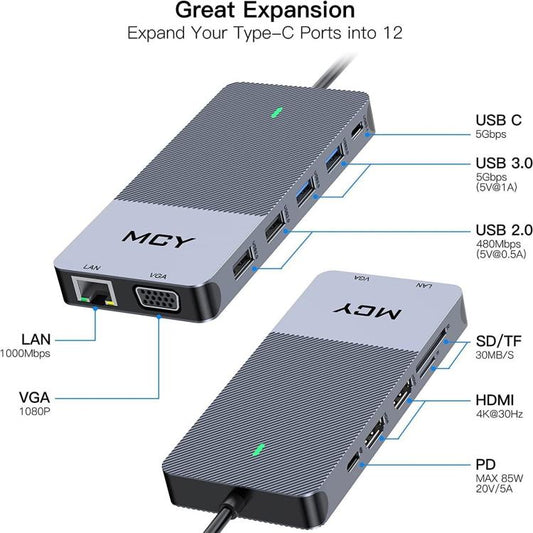 MCY 12-In-1 USB-C Hub With Triple Monitor Support (1000Mbps Lan+VGA+USB3.0/USB2.0+SD/TF+2 HDMI 4K 30Hz+85W PD) by MCY