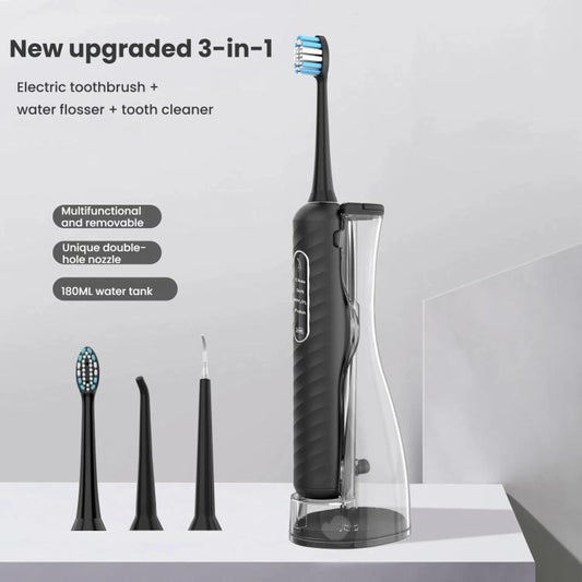 3-in-1 Electric Toothbrush, Water Flosser & Oral Irrigator with 180mL Detachable Tank(Black) by bashfashion