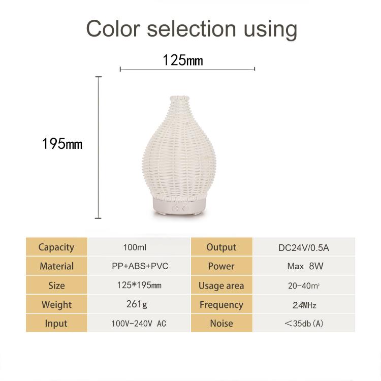 24V EU Plug 100ML Hollow Rattan Ultrasonic Humidifier & Aromatherapy Diffuser with 7-Color LED Lights(White) by bashfashion
