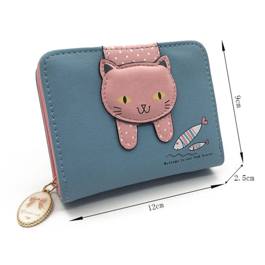 Women Cute Cat Wallet Small Zipper Wallet PU Leather Coin Purse Card Holder(Green) by bashfashion