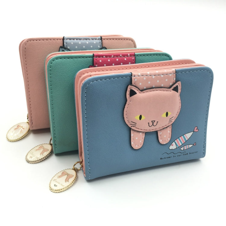 Women Cute Cat Wallet Small Zipper Wallet PU Leather Coin Purse Card Holder(Green) by bashfashion