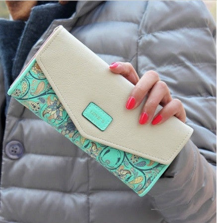 Long Leather Floral Pattern Wallets Coin Purses Money Bag for Women(Green) by bashfashion