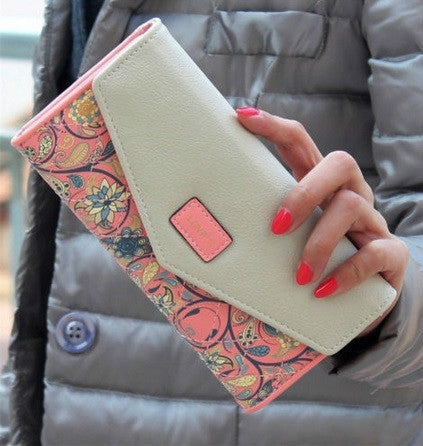 Long Leather Floral Pattern Wallets Coin Purses Money Bag for Women(Pink) by bashfashion