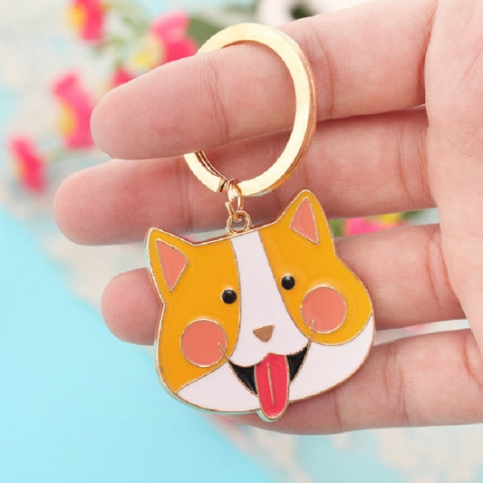 4 PCS Cartoon Animal Head Keychain Car Metal Ornament Key Ring, Style:Corgi by bashfashion