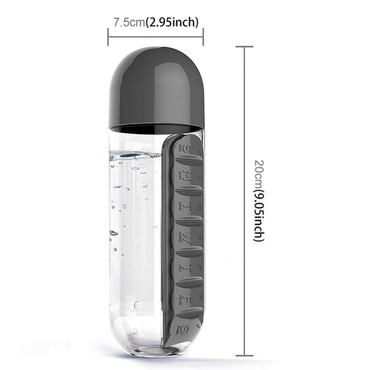 600ML Plastic Water Bottle with Daily Pill Box Organizer Drinking Bottles(Black) by bashfashion