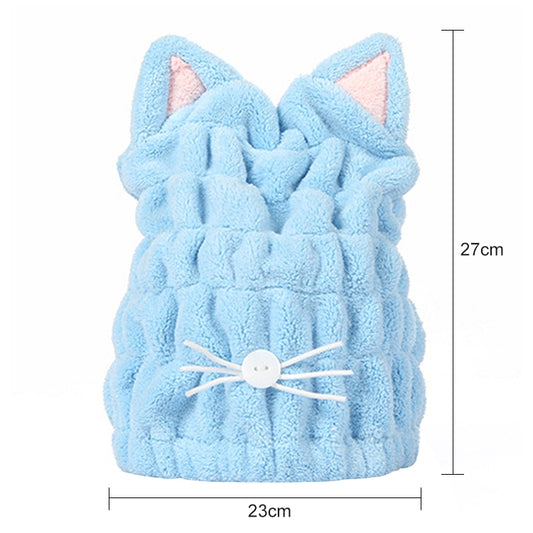 Coral Fleece Soft Absorbent Cat Ear Dry Hair Cap Thickened Adult Shower Cap(Blue) by bashfashion