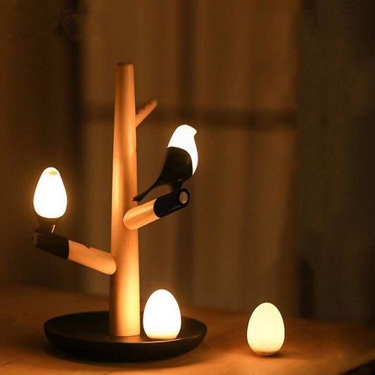 Lucky Bird LED Night Table Lamp Wood Base Intelligent Motion Sensor Living Room Bedroom Desk Light(2 Birds 2 Eggs) by bashfashion