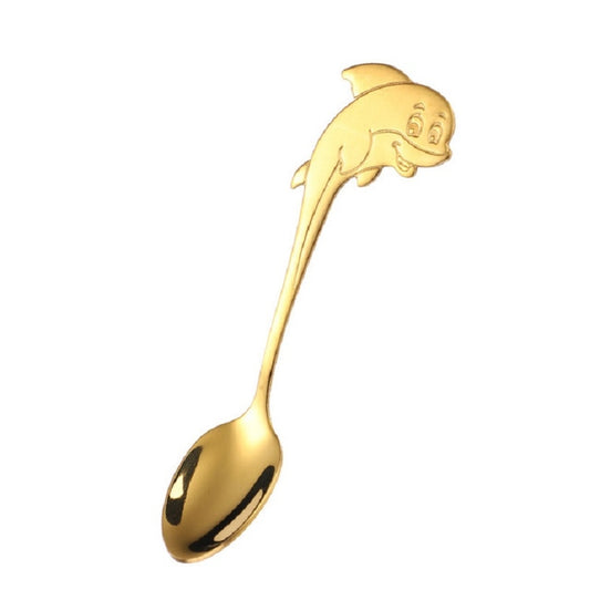 2 PCS Stainless Steel Dolphin Shape Cartoon Coffee Stirring Spoon Ice Cream Spoon Child Feeding Spoon(Gold) by bashfashion